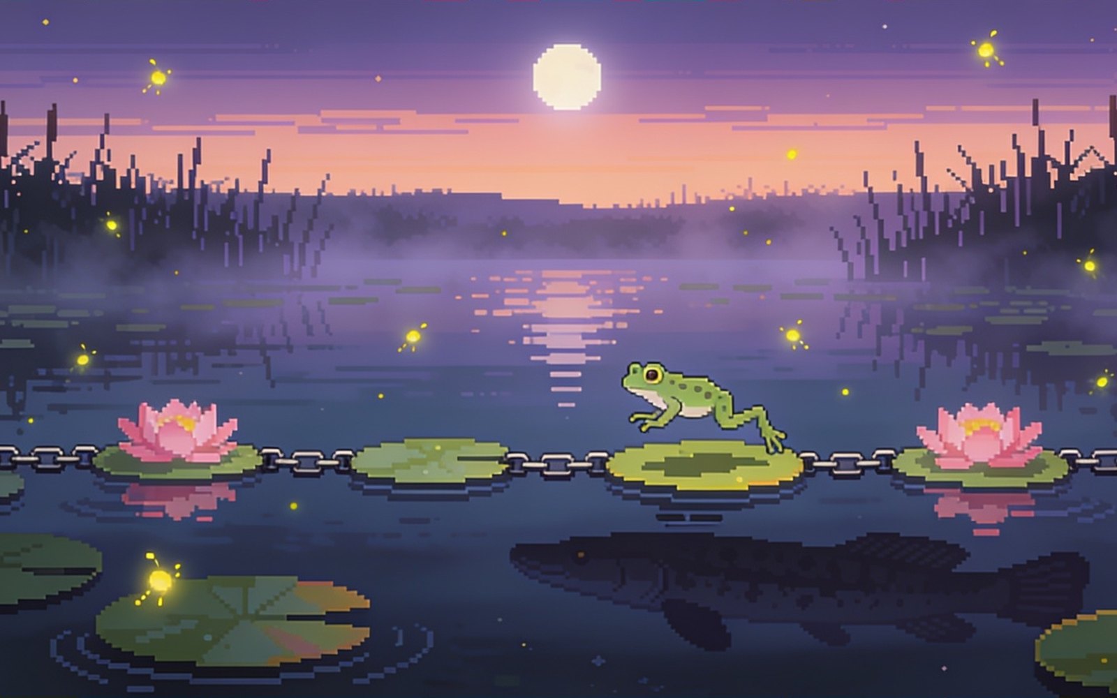 A misty pond at dusk with lily pads, fireflies and a frog mid-leap.